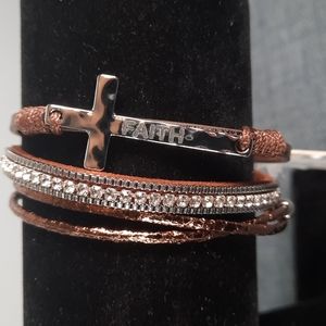 Brown Leather Silver Cross Religious Engraved Faith Magnetic Closure Bracelet